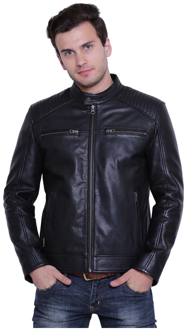

Justanned Men Black Solid Leather jacket