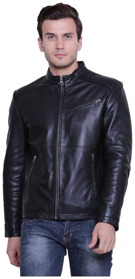

Justanned Men Black Solid Leather jacket