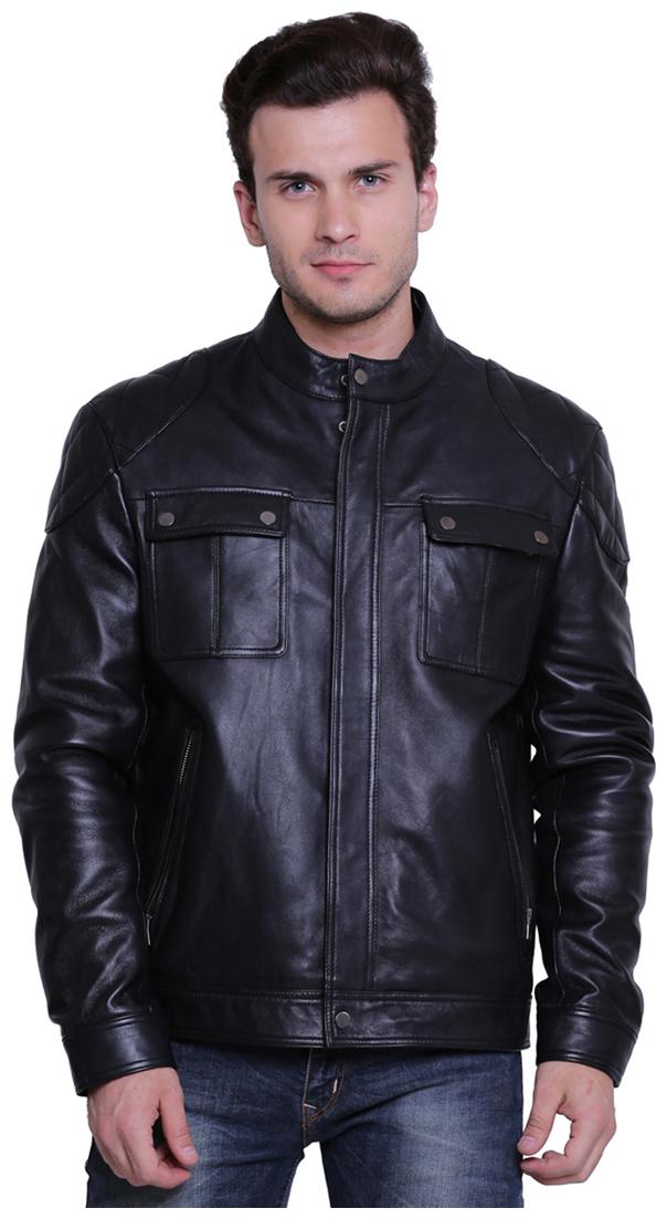

Justanned Men Black Solid Leather jacket