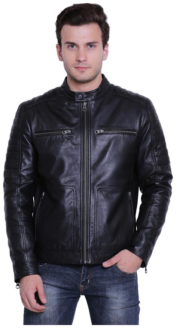 

Justanned Men Black Solid Leather jacket