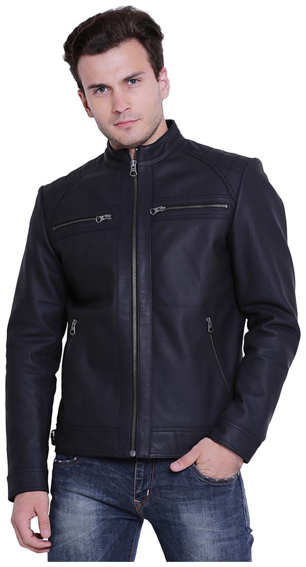 

Justanned Men Black Solid Leather jacket