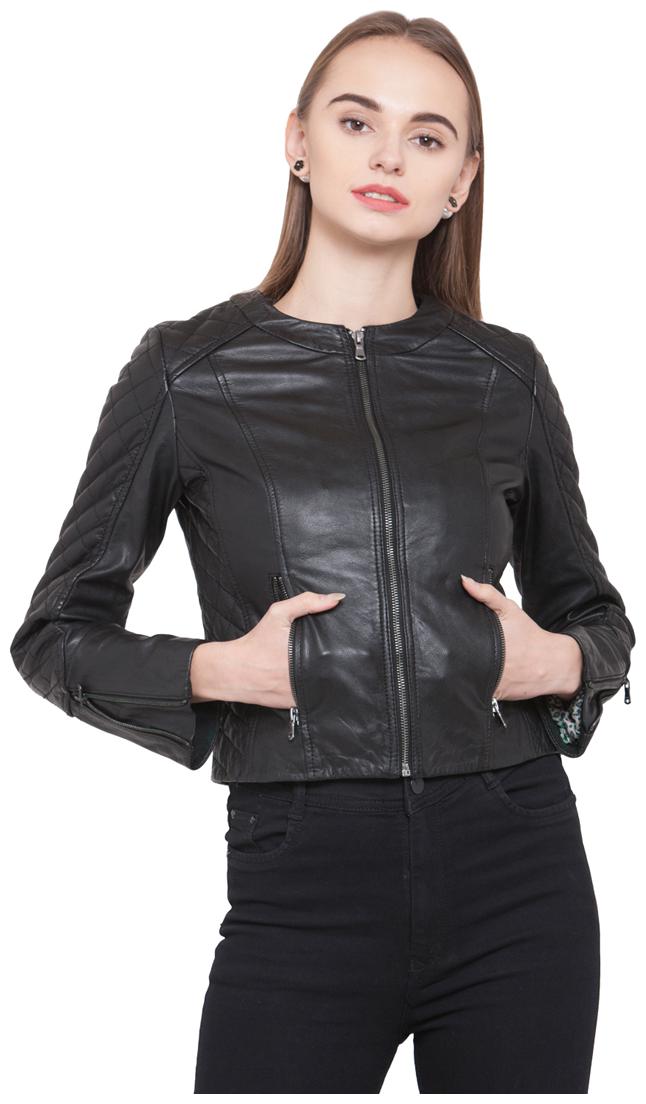 

Justanned Women Solid Biker Jacket - Black
