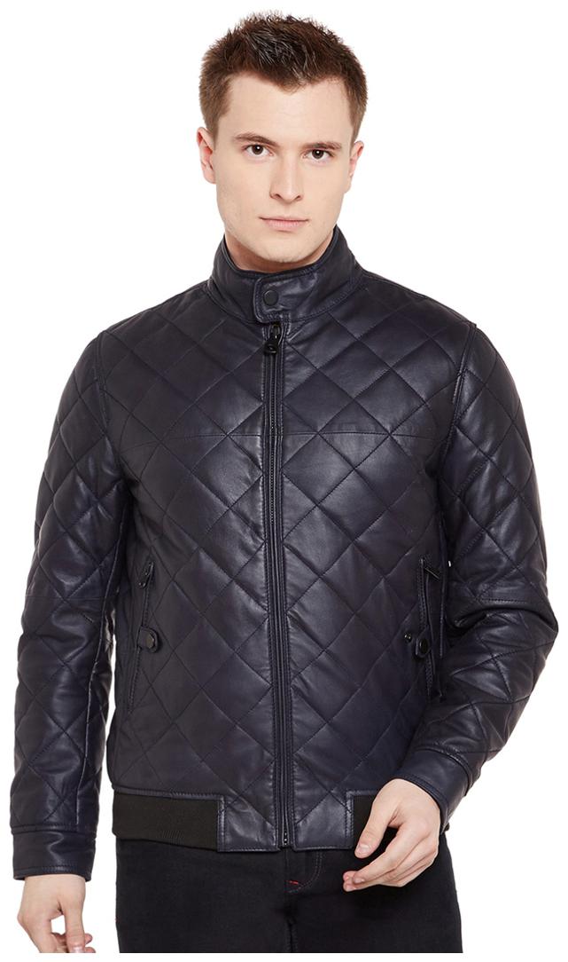 

Justanned Men Blue Solid Leather jacket
