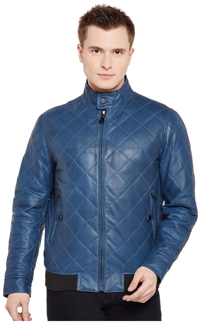 

Justanned Men Blue Solid Leather jacket