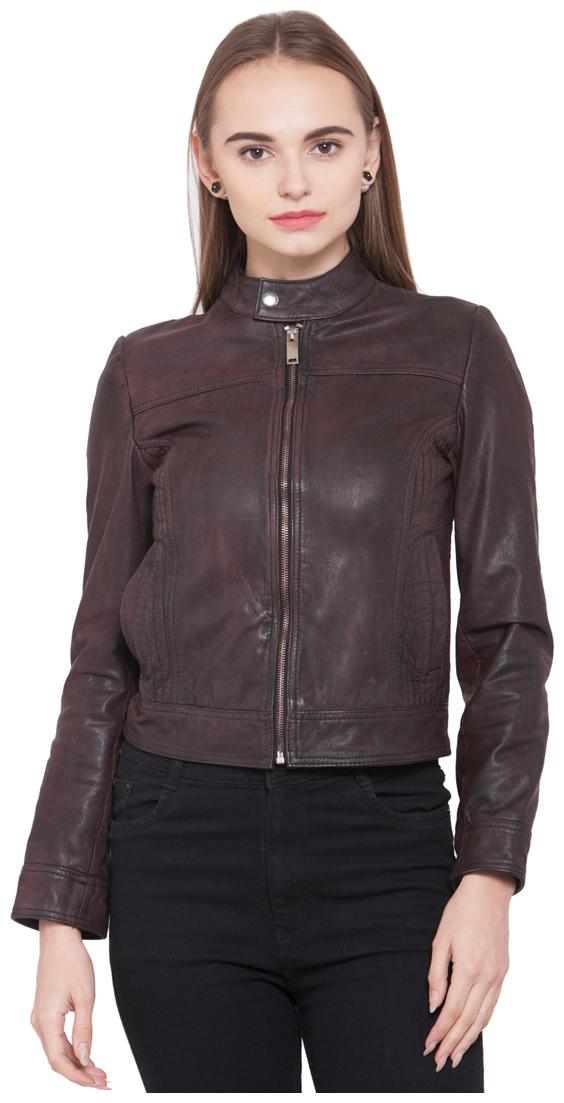 

Justanned Women Solid Biker Jacket - Brown