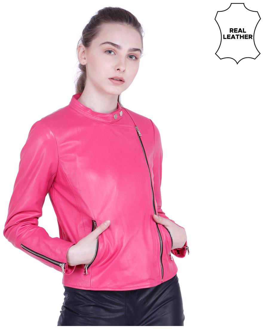 

Justanned Women Solid Biker Jacket - Pink