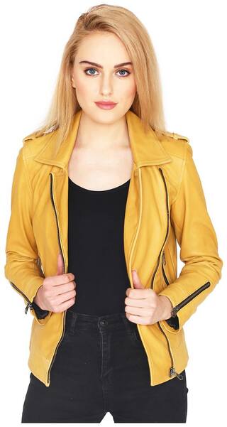 Justanned Women Solid Biker Jacket - Yellow