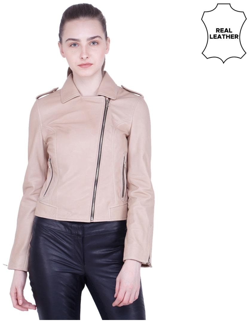

Justanned Women Solid Biker Jacket - Beige
