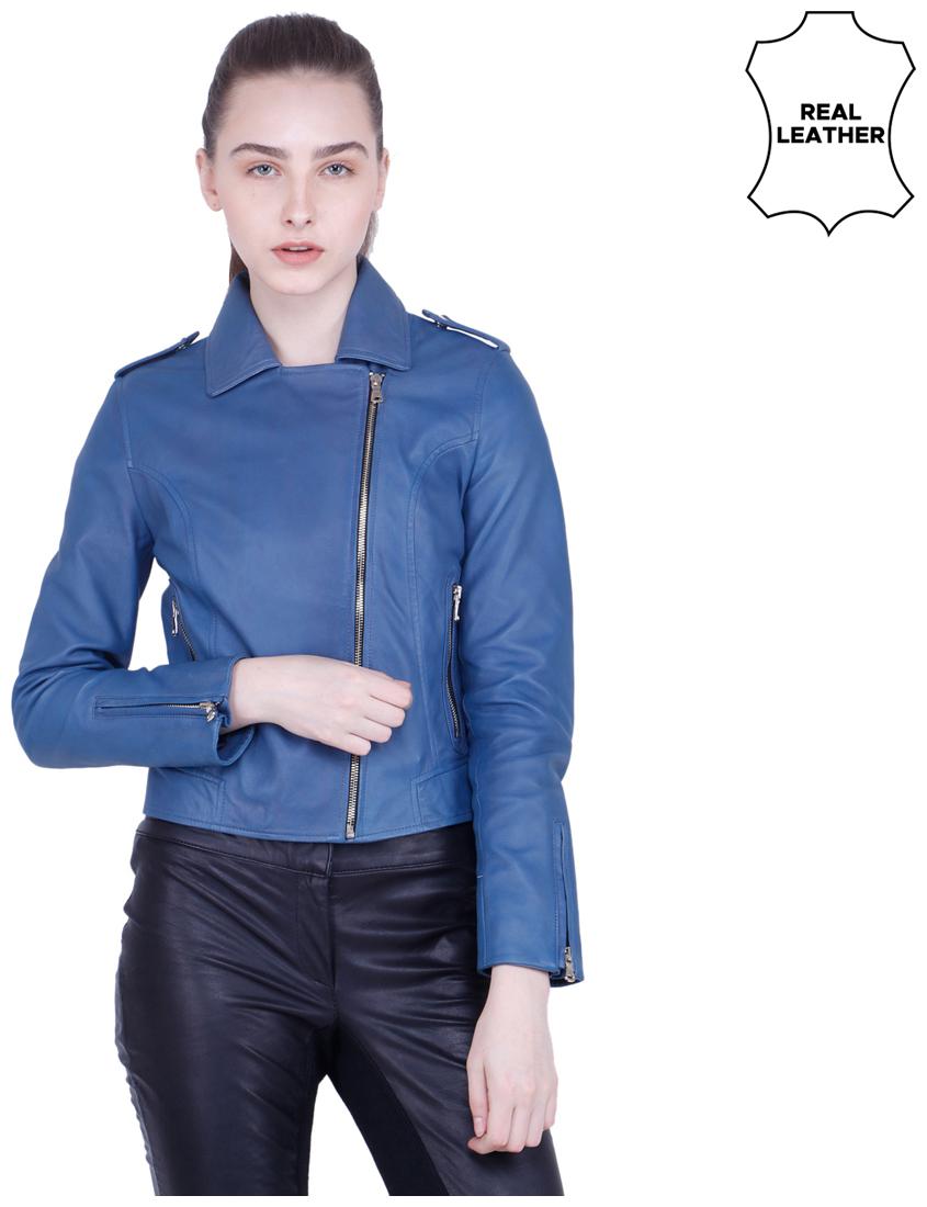 

Justanned Women Solid Biker Jacket - Blue