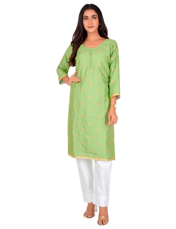 

Kachnar Women Viscose Rayon Straight Fit Kurta With Pant (Green)