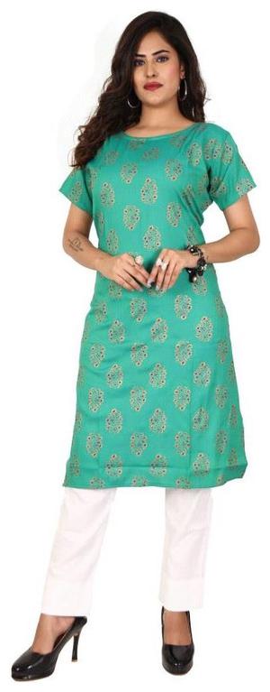 

Kachnar Women Viscose Rayon Printed Straight Fit Kurta With Pant (Green)