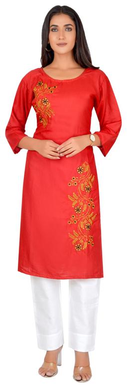 

Kachnar Women Viscose Rayon Straight Fit Kurta With Pant (Red)