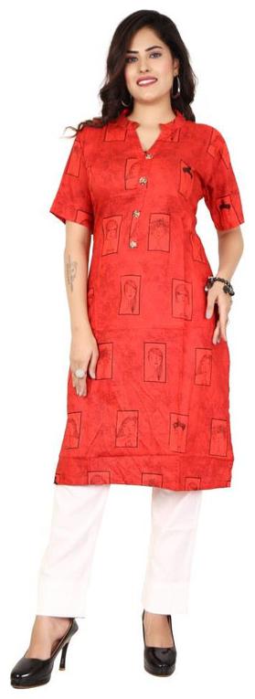 

Kachnar Women Viscose Rayon Printed Straight Fit Kurta With Pant (Red)