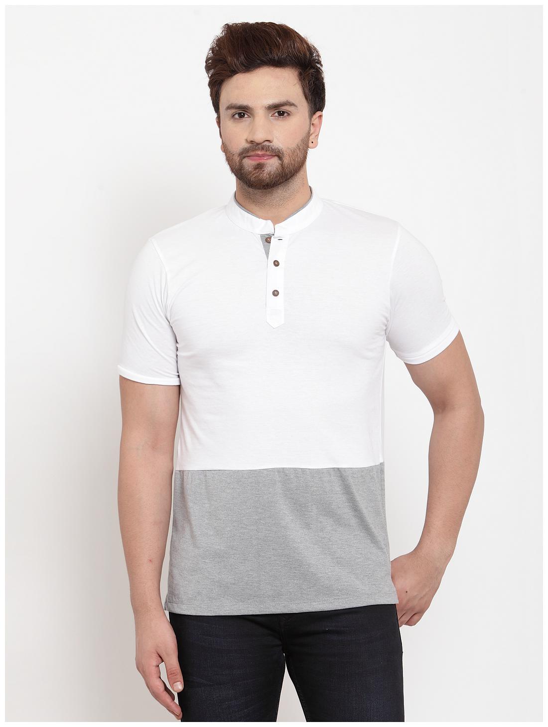 

Kalt Men White Grey Regular fit Cotton Blend Mandarin collar T-Shirt - Pack Of 1