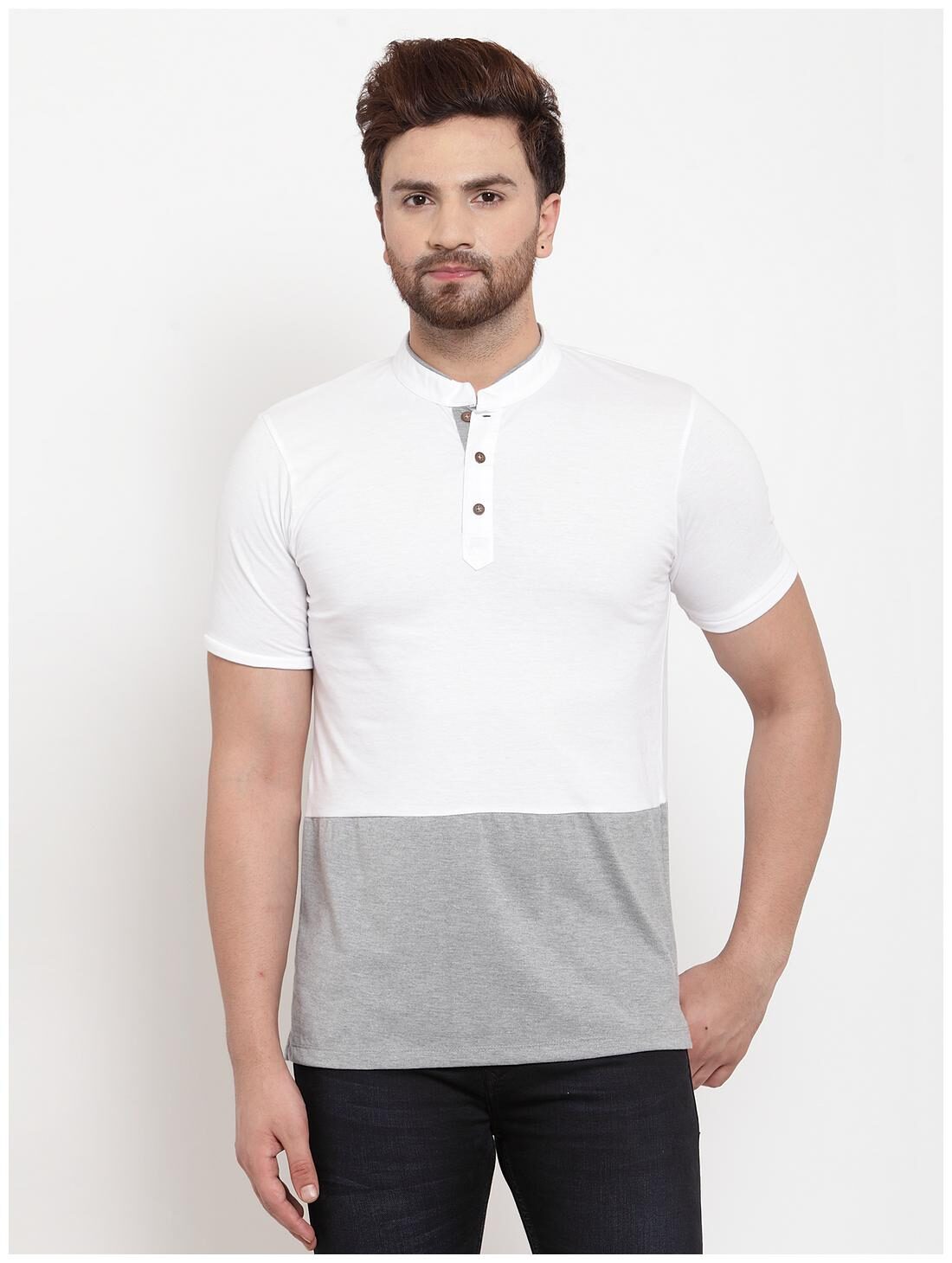 

Kalt Men White Grey Regular fit Cotton Blend Mandarin collar T-Shirt - Pack Of 1