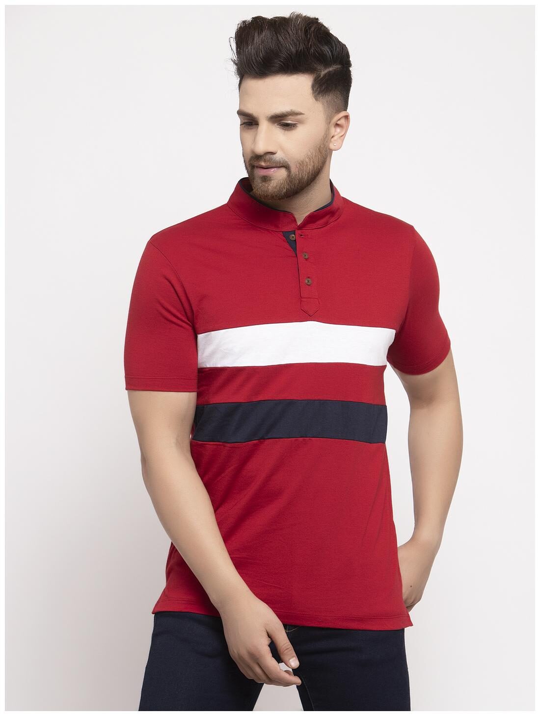 

Kalt Men Red Regular fit Cotton Blend Mandarin collar T-Shirt - Pack Of 1