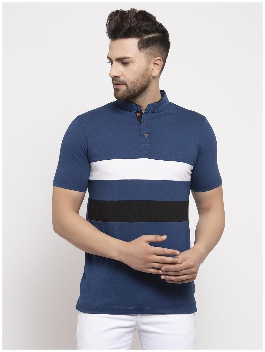

Kalt Men Blue Regular fit Cotton Blend Mandarin collar T-Shirt - Pack Of 1