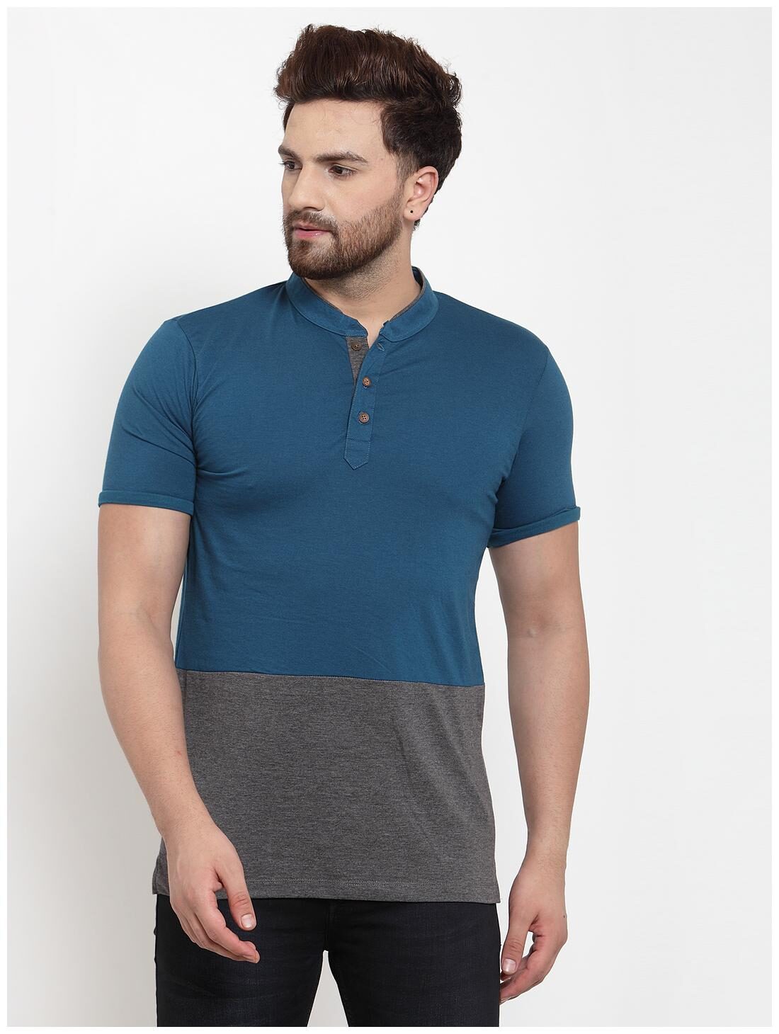 

Kalt Men Blue Grey Regular fit Cotton Blend Mandarin collar T-Shirt - Pack Of 1
