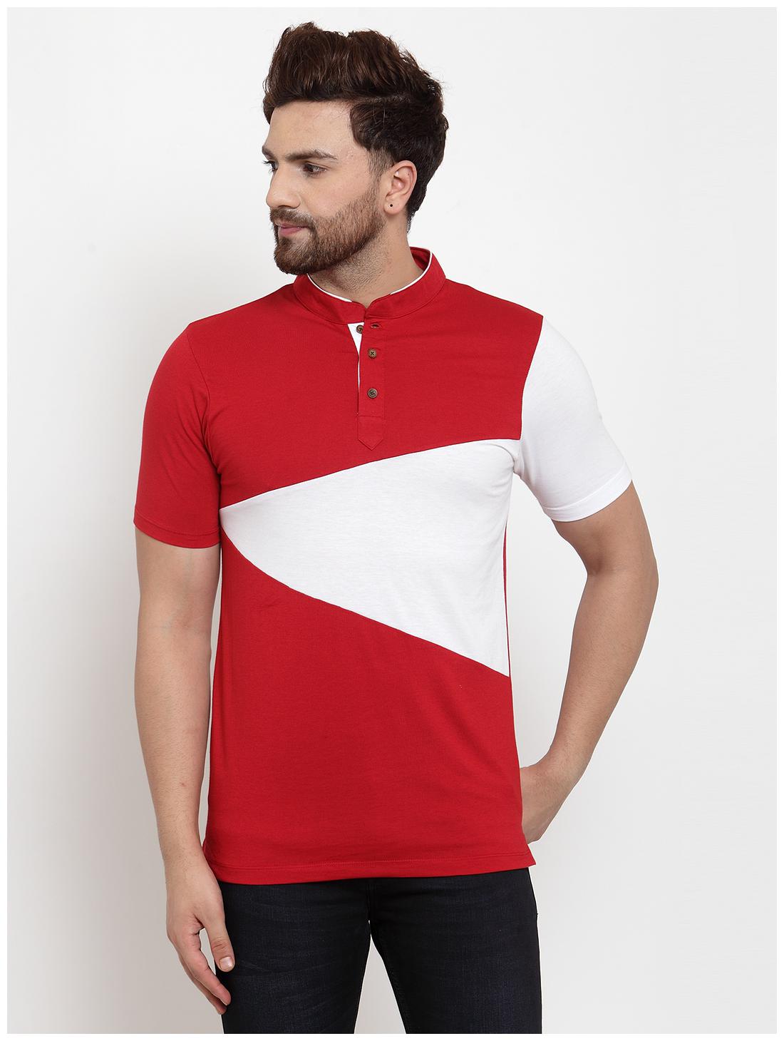 

Kalt Men White Red Regular fit Cotton Blend Mandarin collar T-Shirt - Pack Of 1