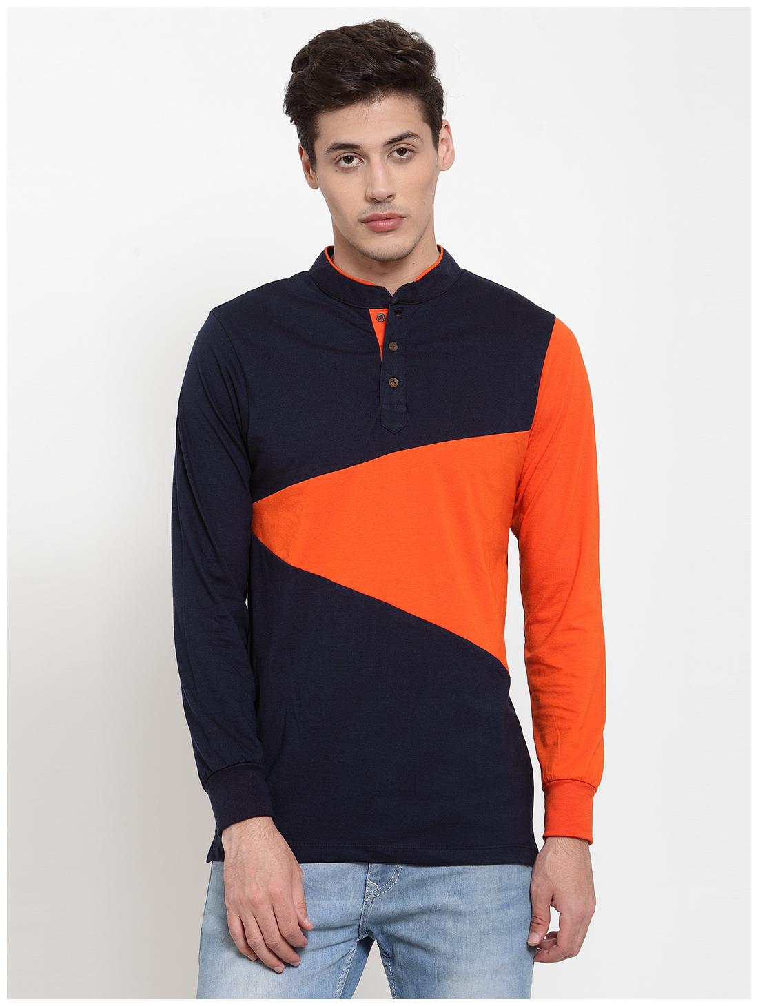 

Kalt Men Orange Blue Regular fit Cotton Blend Mandarin collar T-Shirt - Pack Of 1