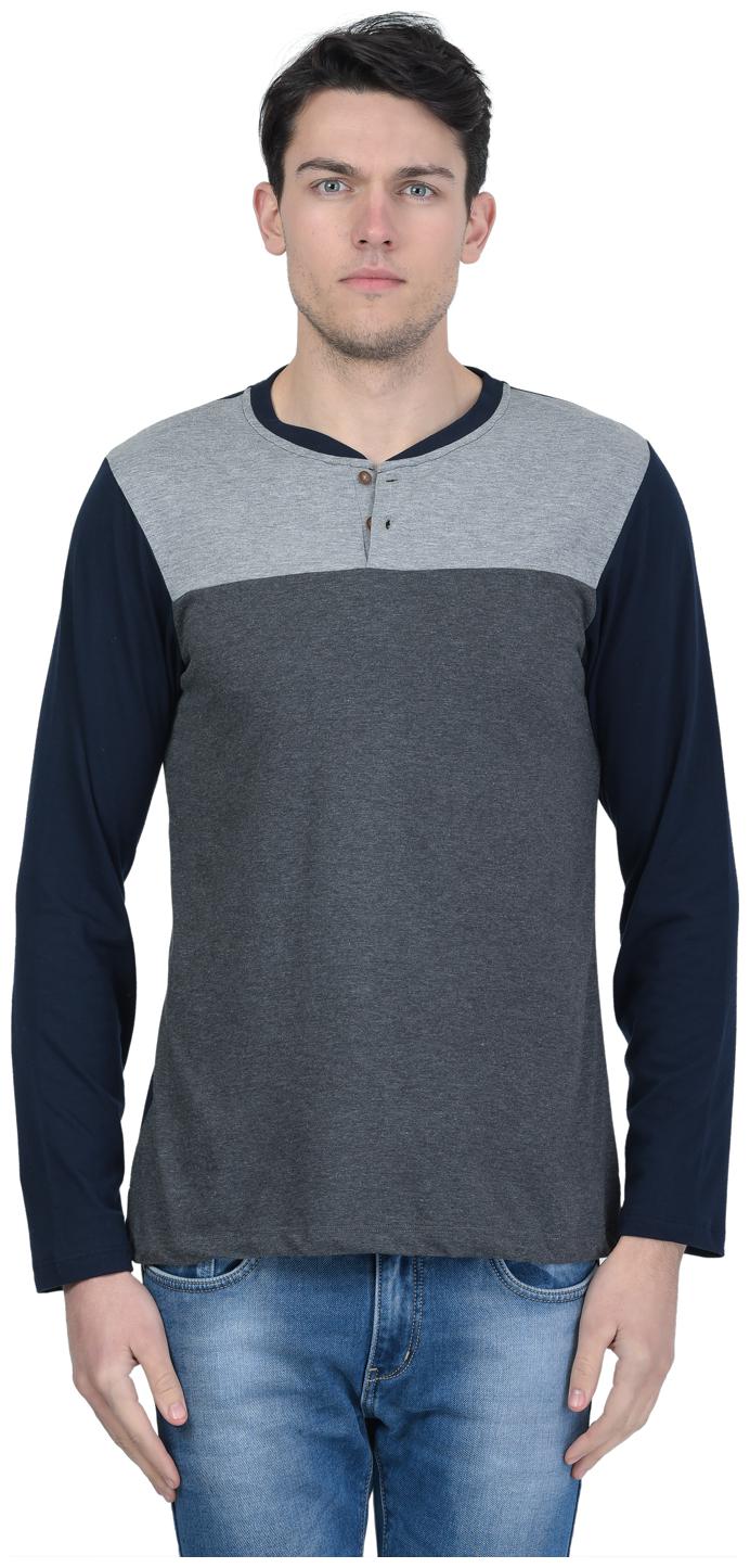 

Kalt Men s Dark Grey Colour Full Sleeves Henley Neck Cotton Blend T-Shirt