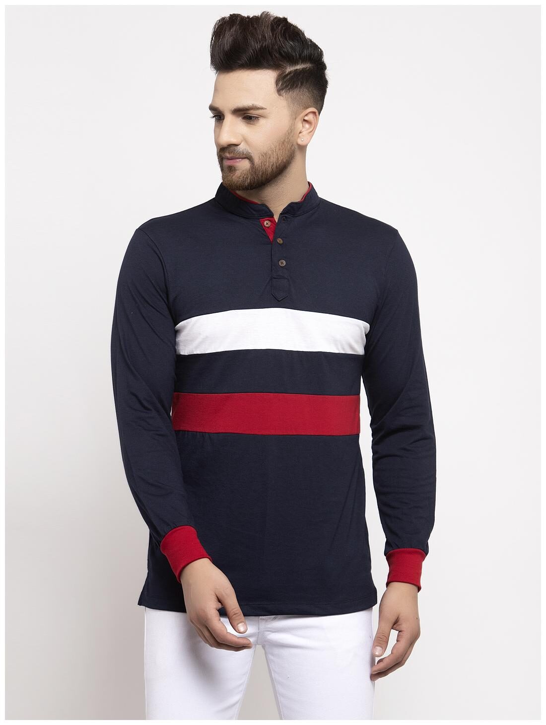 

Kalt Men Navy blue Regular fit Cotton Blend Mandarin collar T-Shirt - Pack Of 1