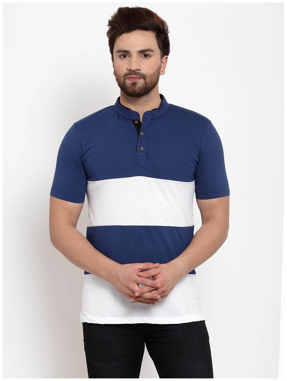

Kalt Men Blue White Regular fit Cotton Blend Mandarin collar T-Shirt - Pack Of 1