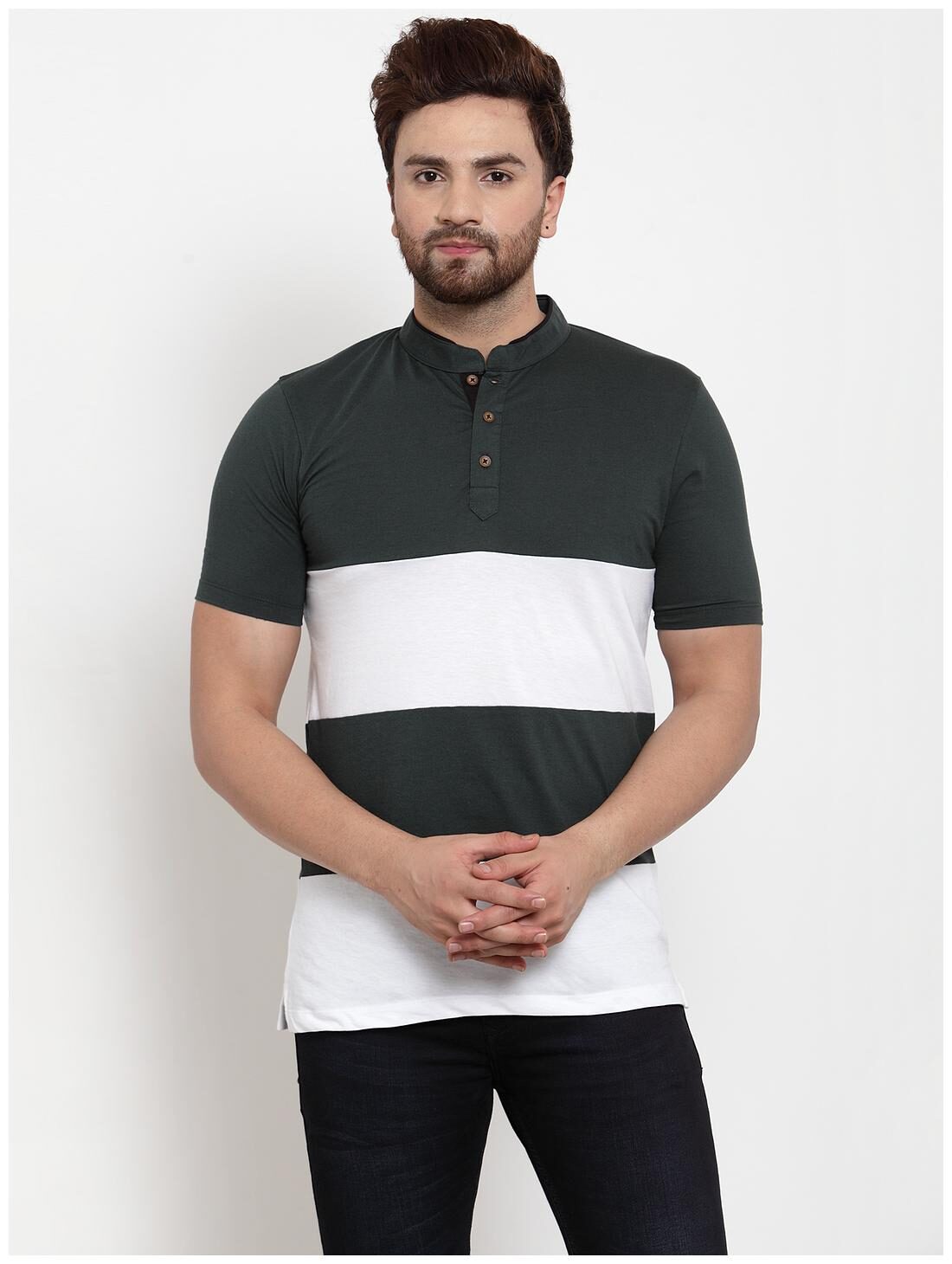 

Kalt Men Green White Regular fit Cotton Blend Mandarin collar T-Shirt - Pack Of 1