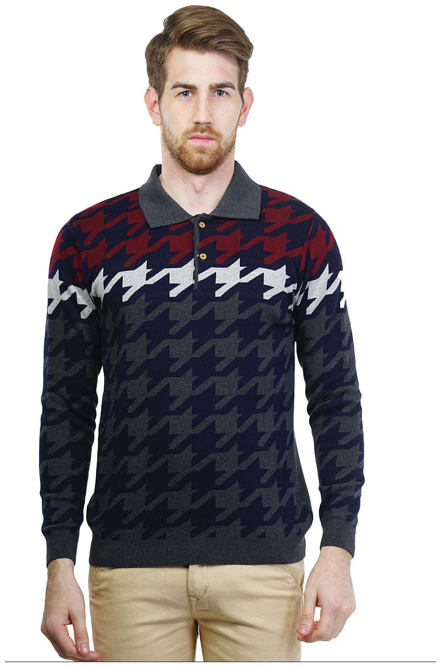 

Kalt Men s Polo Neck Full Sleeves Jacquard Cotton Autumn Winter T-Shirt