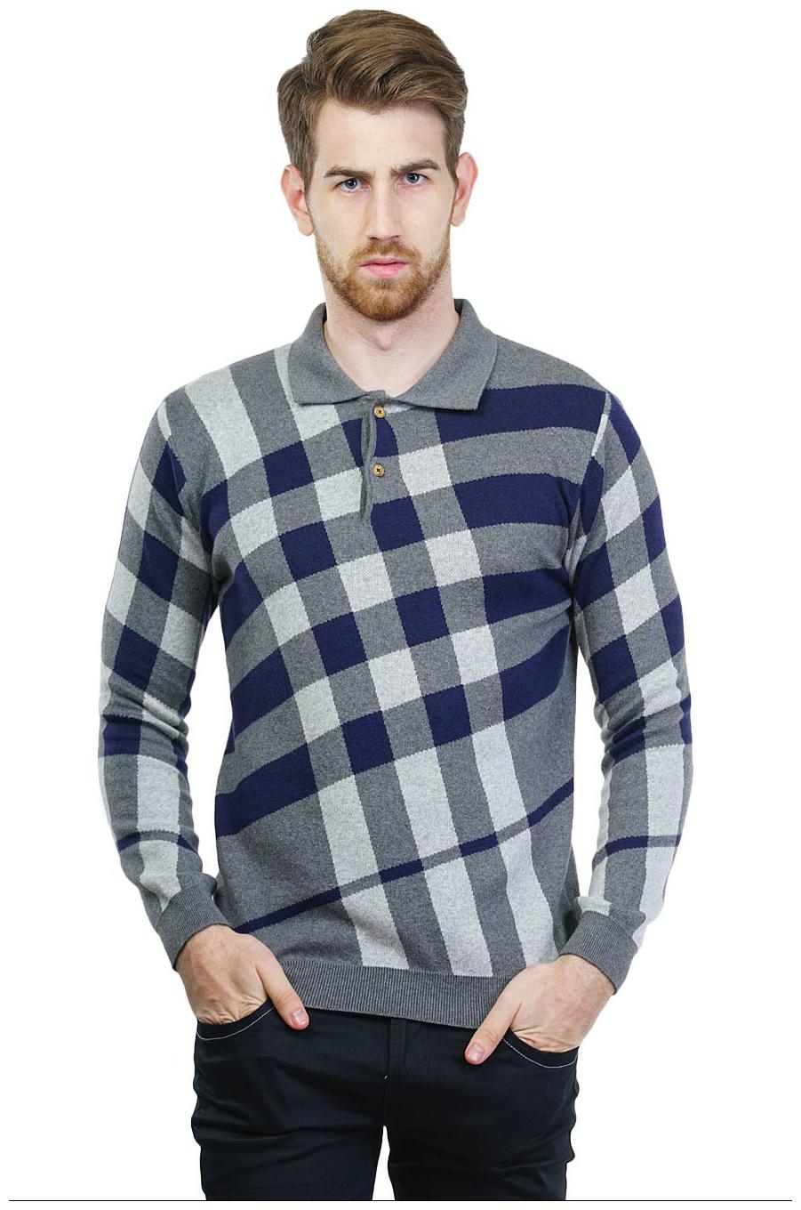 

Kalt Men s Polo Neck Full Sleeves Jacquard Cotton Autumn Winter T-Shirt