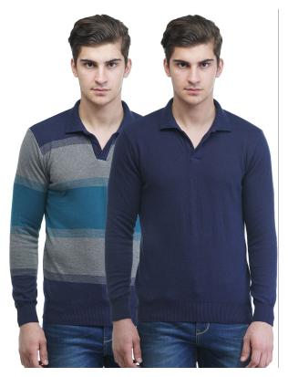 

Kalt Men s Striped Full Sleeves Polo Neck Reversible Cotton Sweater