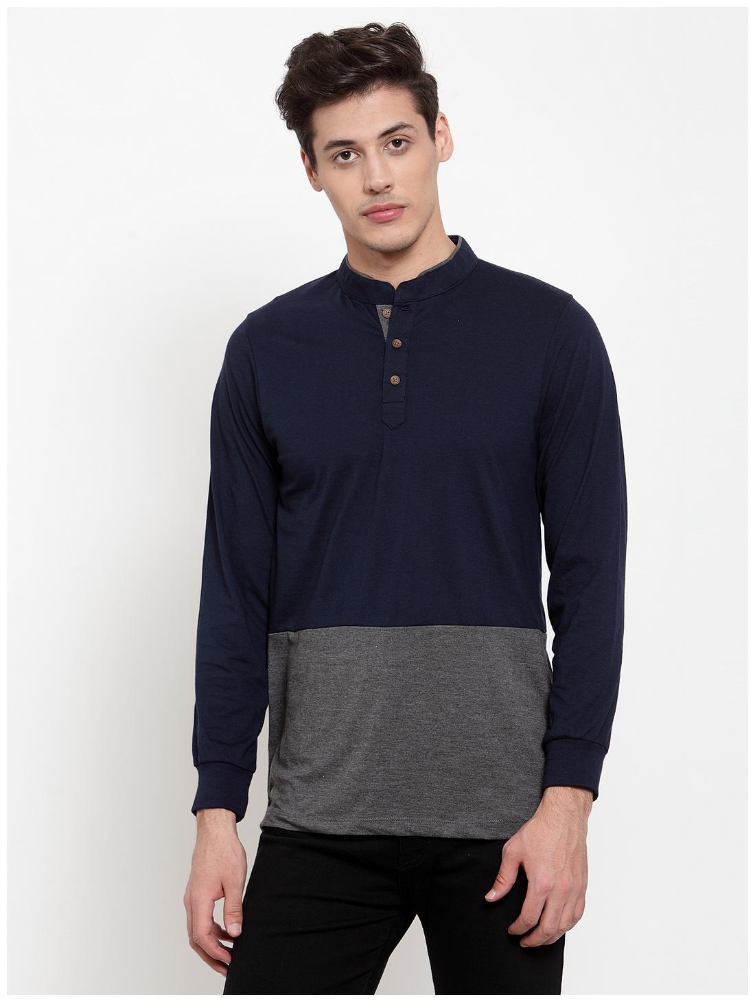 

Kalt Men Navy blue Grey Regular fit Cotton Blend Mandarin collar T-Shirt - Pack Of 1