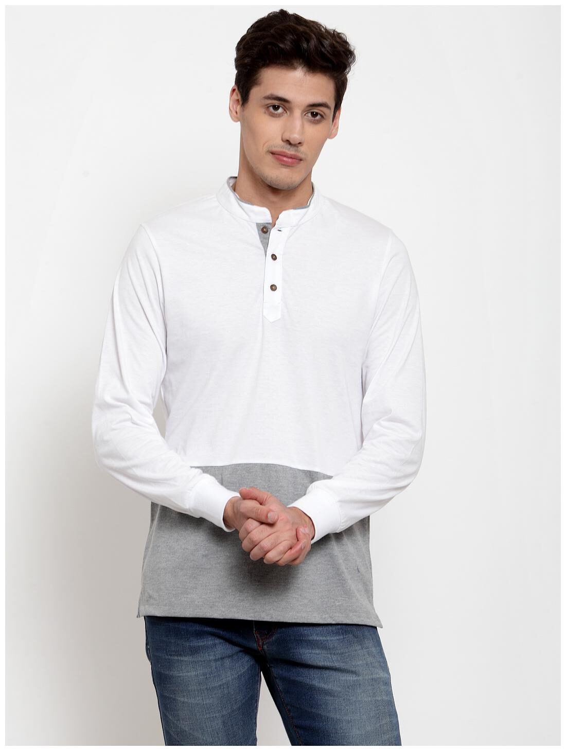 

Kalt Men White Grey Regular fit Cotton Blend Mandarin collar T-Shirt - Pack Of 1