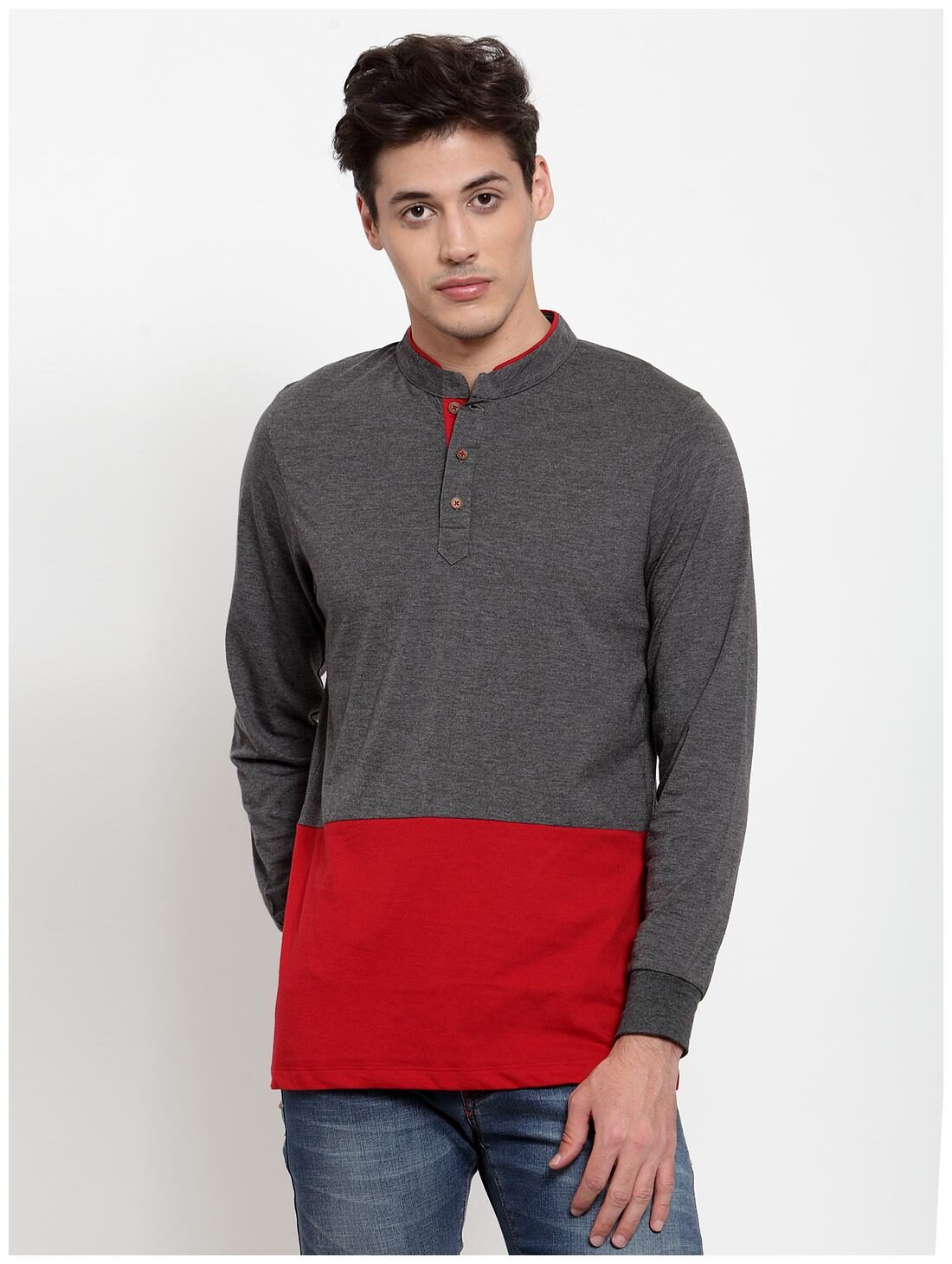 

Kalt Men Red Grey Regular fit Cotton Blend Mandarin collar T-Shirt - Pack Of 1