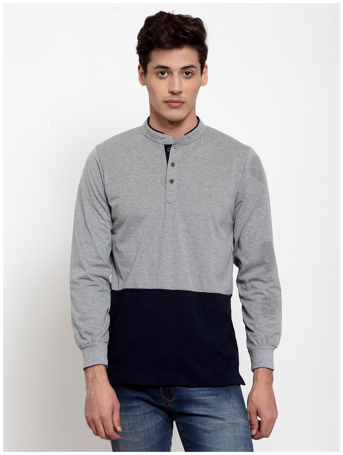 

Kalt Men Navy blue Grey Regular fit Cotton Blend Mandarin collar T-Shirt - Pack Of 1