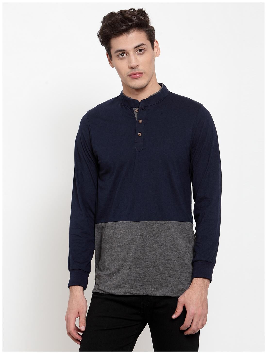 

Kalt Men Navy blue Grey Regular fit Cotton Blend Mandarin collar T-Shirt - Pack Of 1
