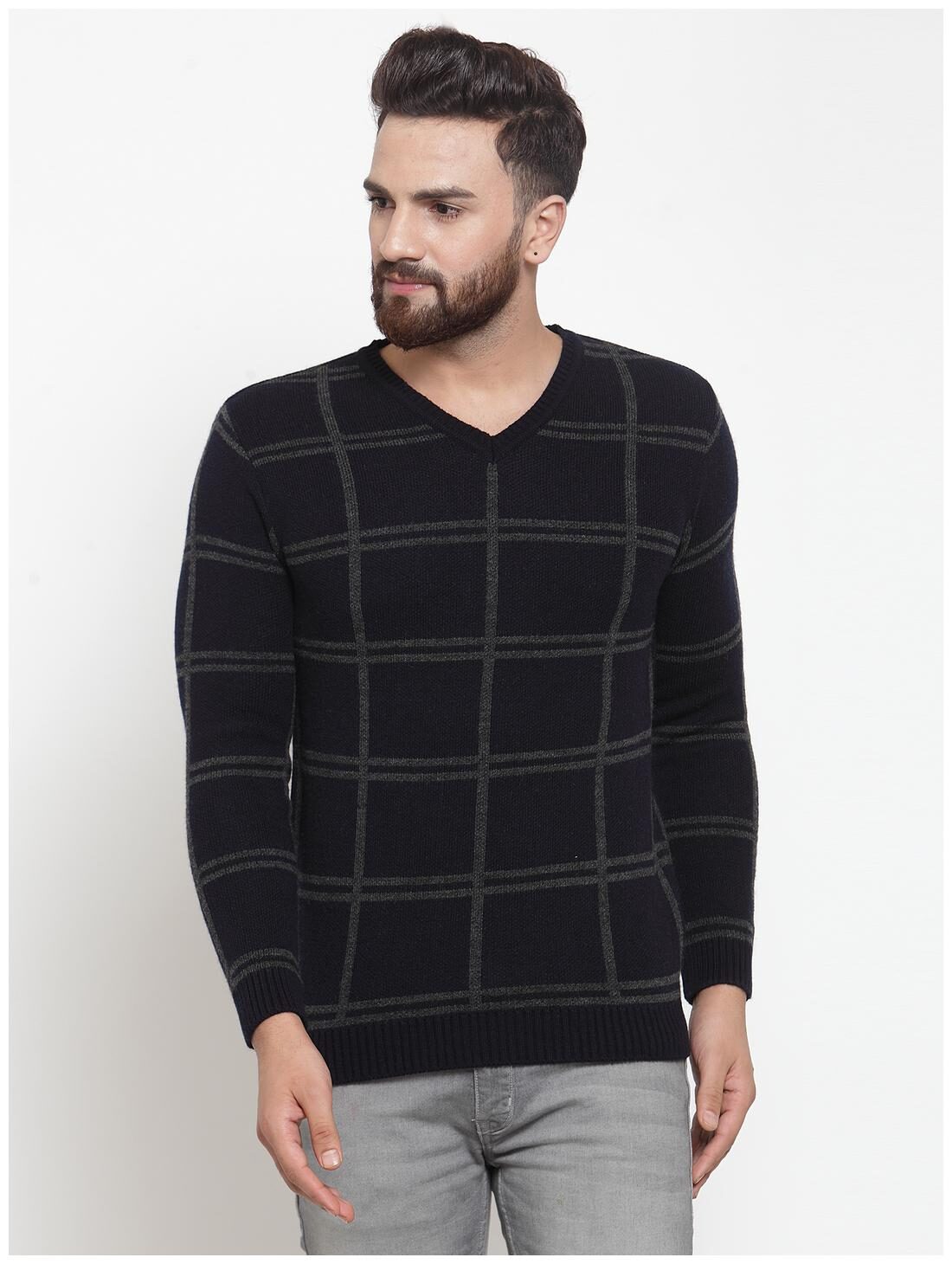 

Kalt Mens V-Neck Full Sleeves Jacquard Acrylic Autumn Winter Sweater Blue