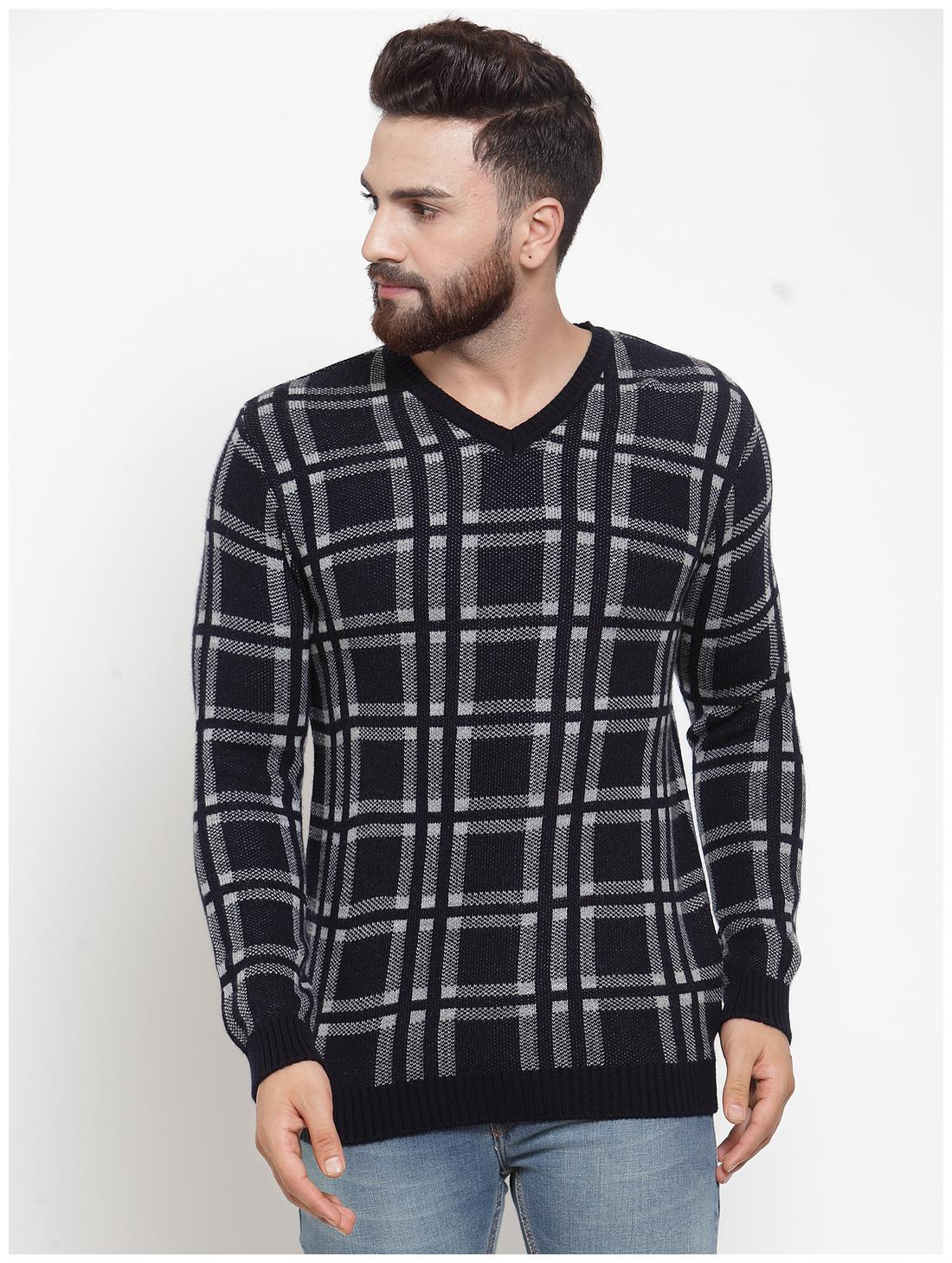 

Kalt Mens V-Neck Full Sleeves Jacquard Acrylic Autumn Winter Sweater Blue