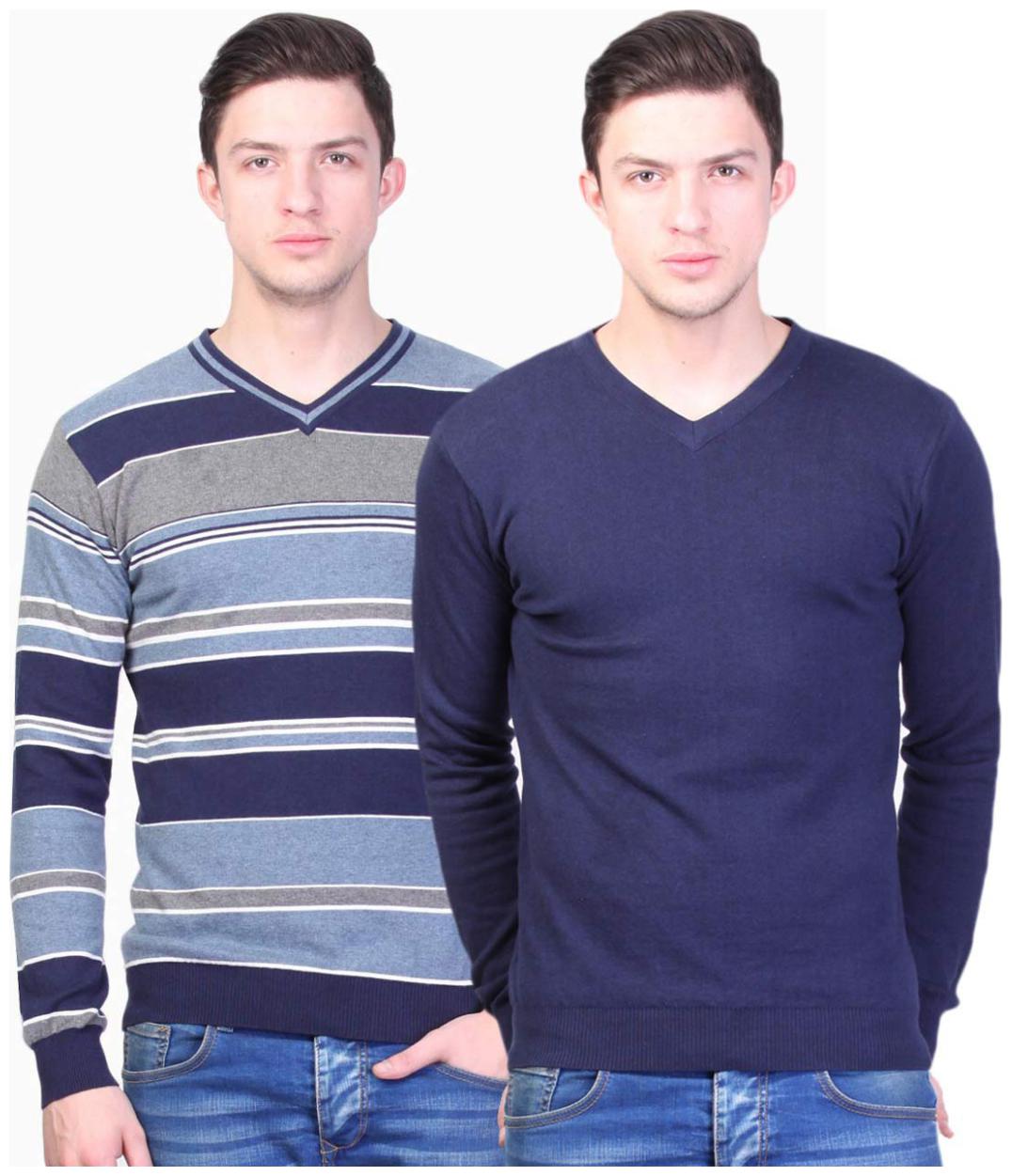 

Kalt Men s V Neck Reversible Full Sleeves Striped Cotton Sweater