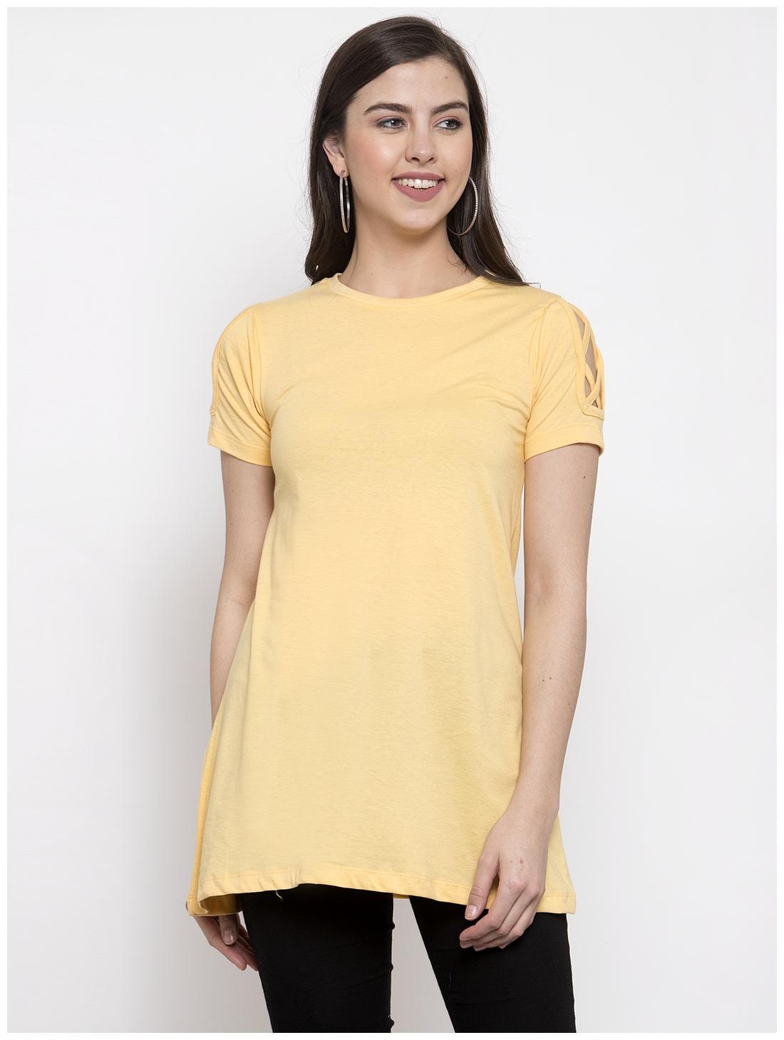 

Kalt Women Round Neck Half Sleeves Cotton Blend Tunic Yellow
