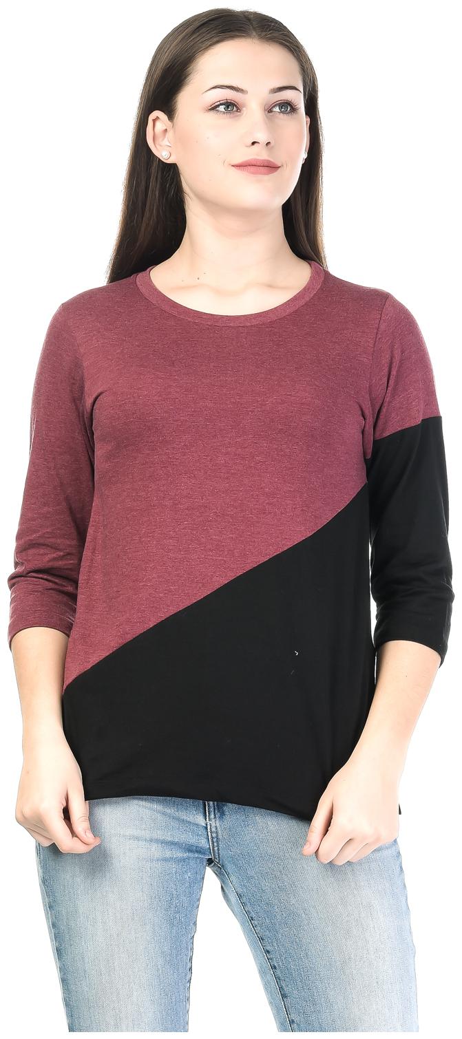 

Kalt Women Maroon Regular fit Round neck Cotton Blended T shirt
