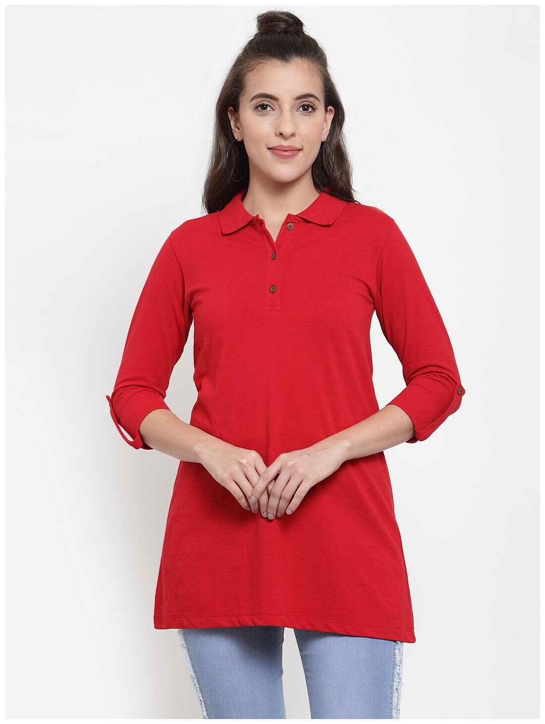 

Kalt Women s 3 4th Sleeves Polo Neck Cotton Blend Tunic (Red)