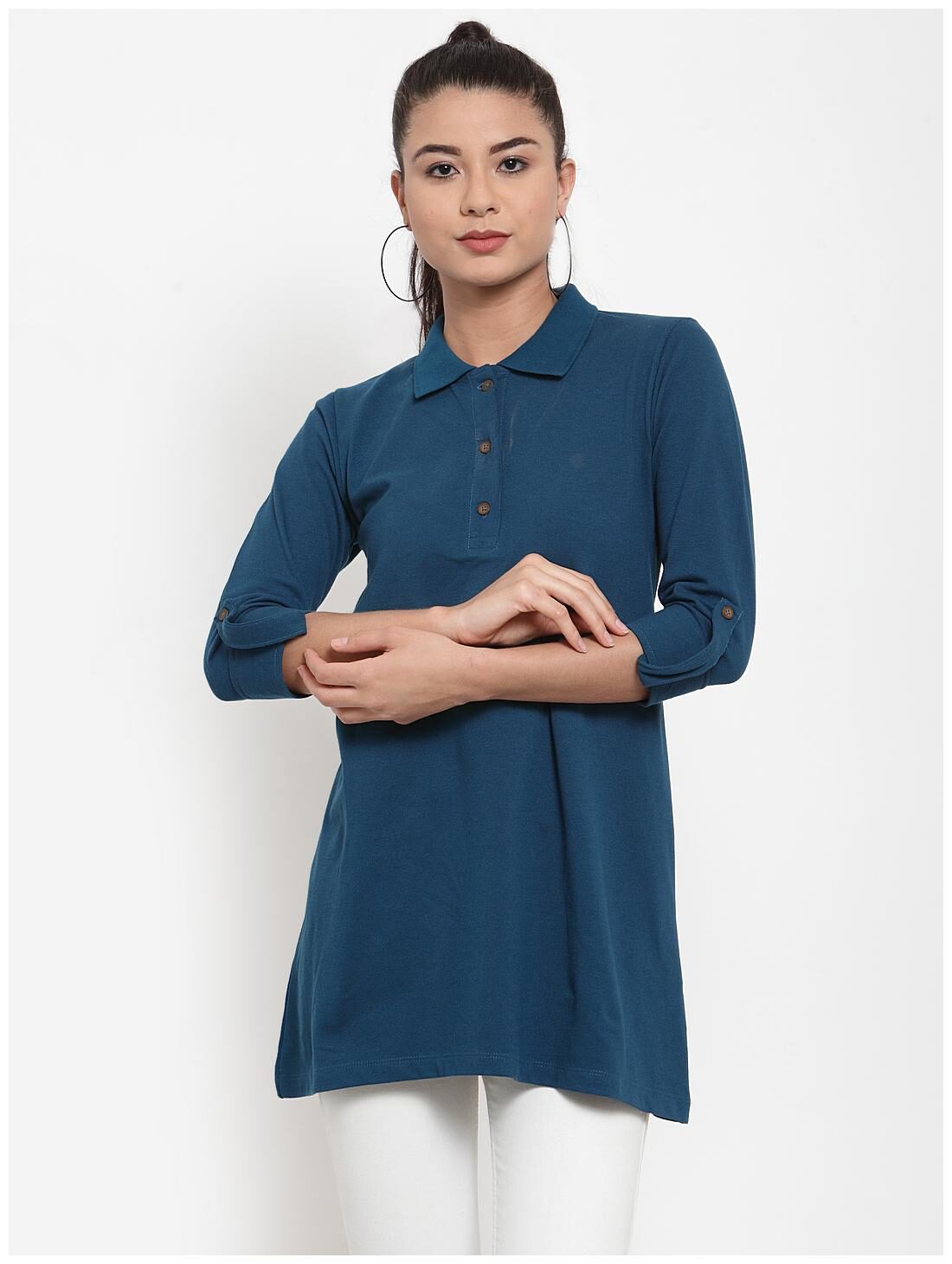 

Kalt Women s 3 4th Sleeves Polo Neck Cotton Blend Tunic (Blue)