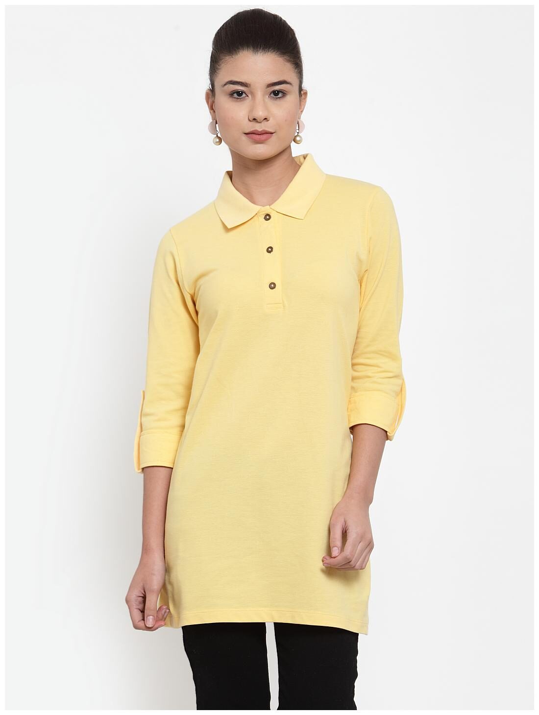 

Kalt Women s 3 4th Sleeves Polo Neck Cotton Blend Tunic (Yellow)