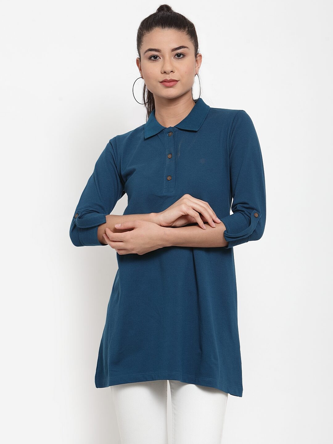 

Kalt Women s 3 4th Sleeves Polo Neck Cotton Blend Tunic (Blue)
