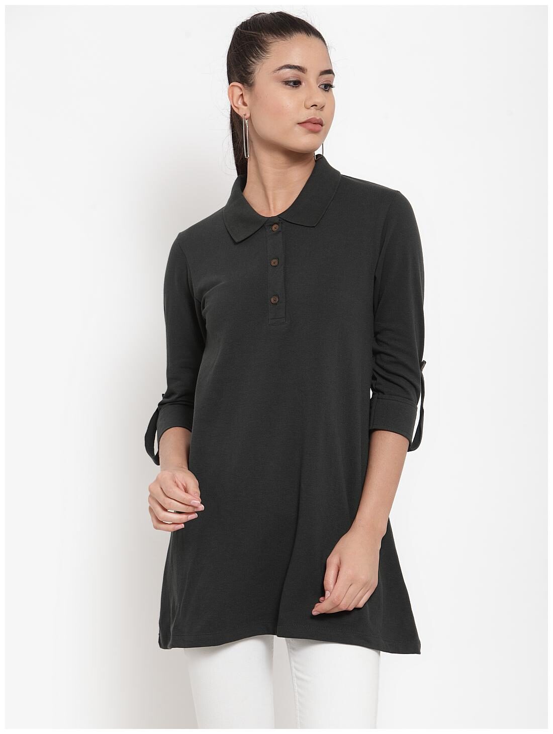 

Kalt Women s 3 4th Sleeves Polo Neck Cotton Blend Tunic (Dark Green)