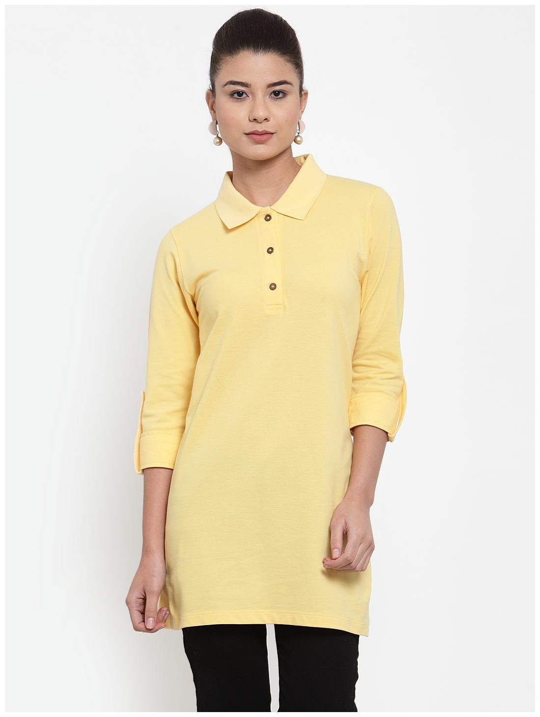 

Kalt Women s 3 4th Sleeves Polo Neck Cotton Blend Tunic (Yellow)