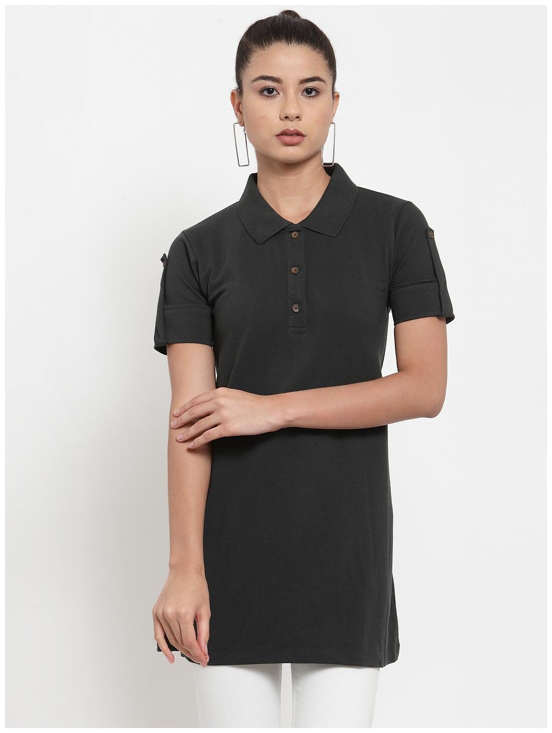 

Kalt Women s Half Sleeves Polo Neck Cotton Blend Tunic Green