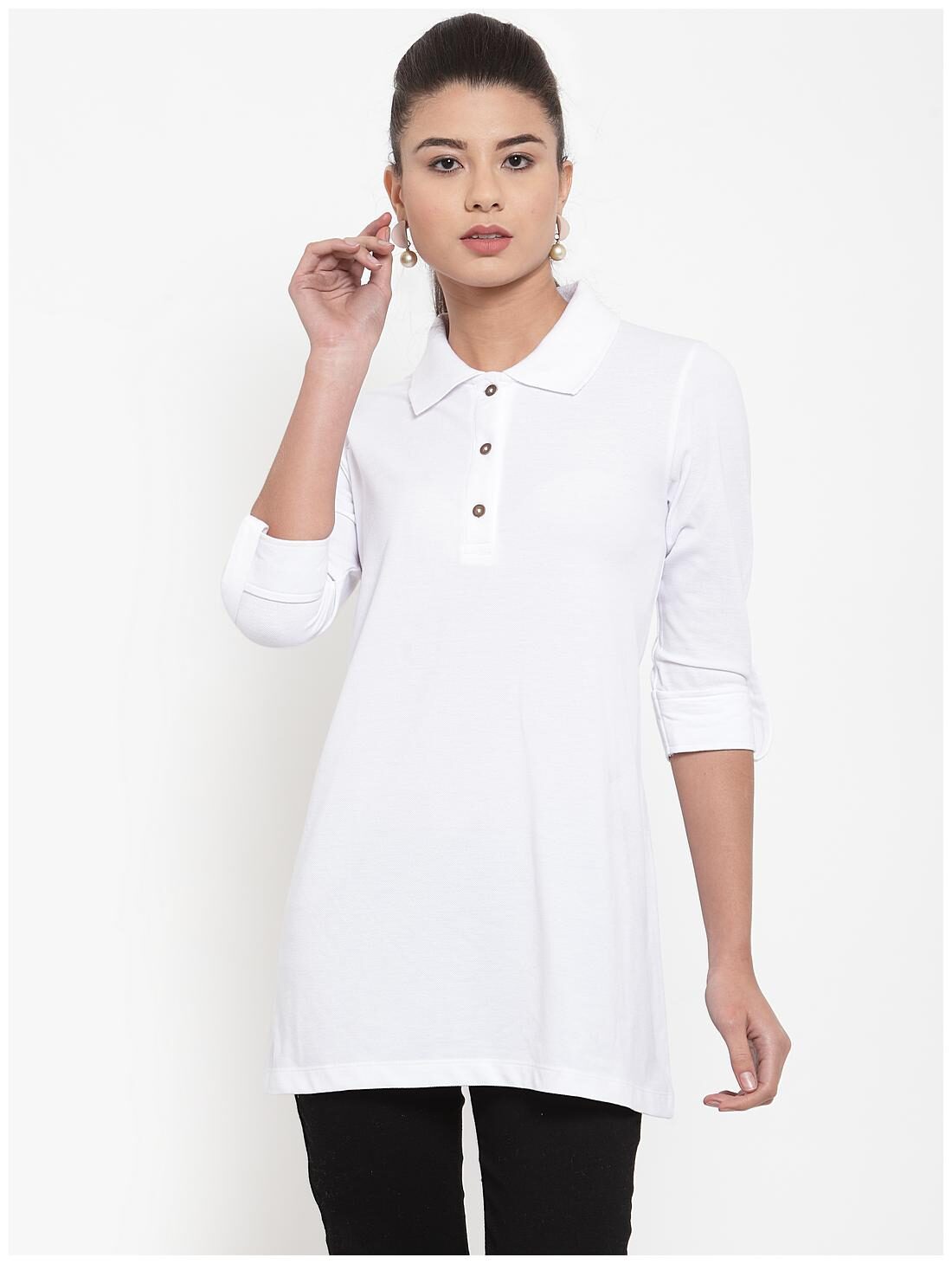 

Kalt Women s 3 4th Sleeves Polo Neck Cotton Blend Tunic (White)