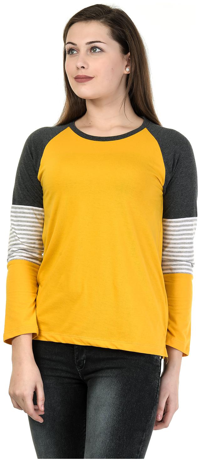 

Kalt Women Yellow Regular fit Round neck Cotton Blended T shirt
